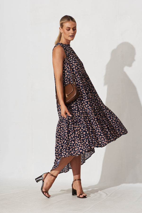 Abbotsford Midi Smock Dress In Navy With Leopard Print St Frock