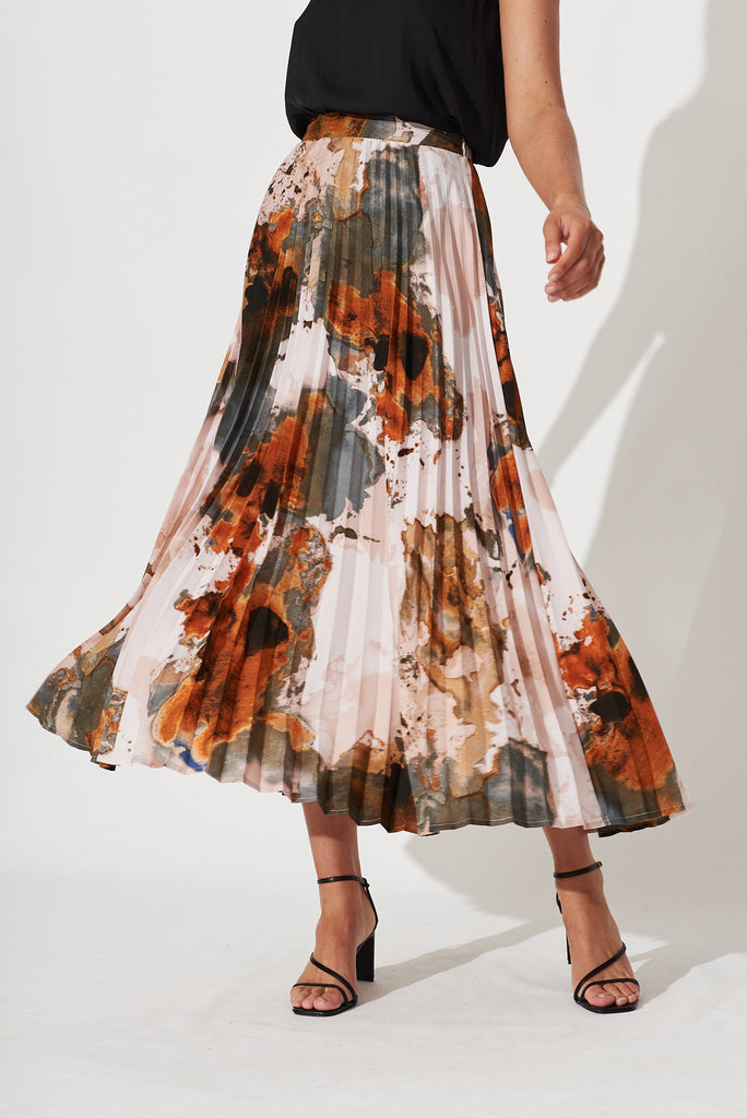 Allison Midi Pleat Skirt In Grey With Rust Print - front