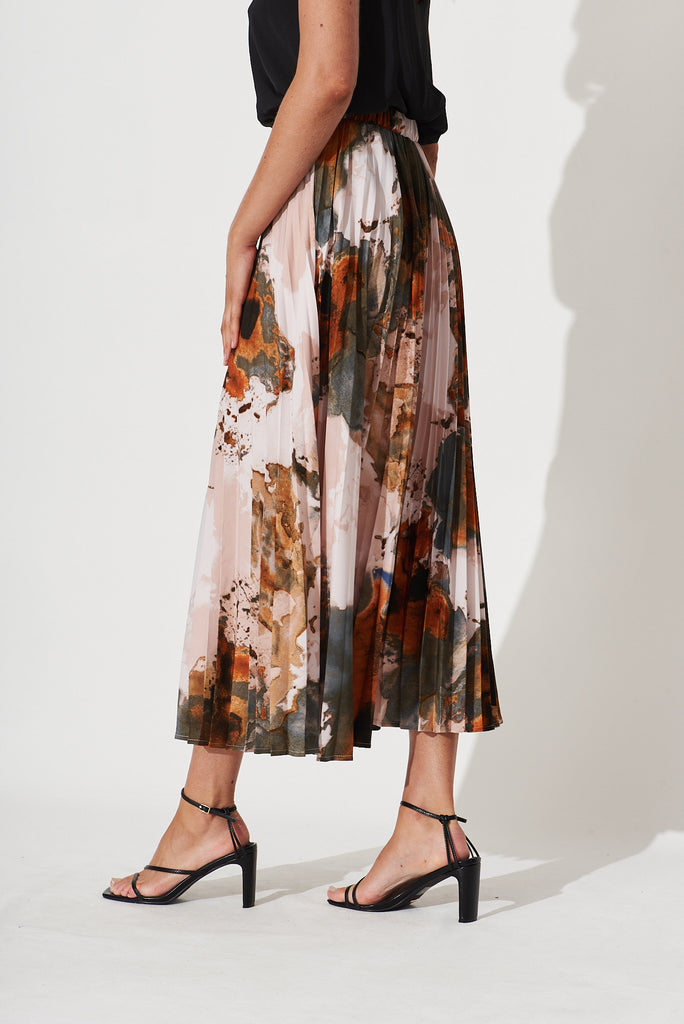 Allison Midi Pleat Skirt In Grey With Rust Print - side