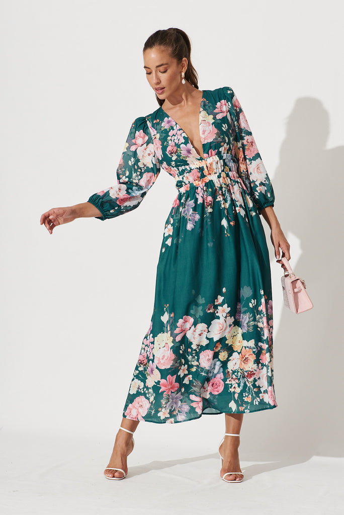 Camie Maxi Dress In Teal With Orange Floral - full length