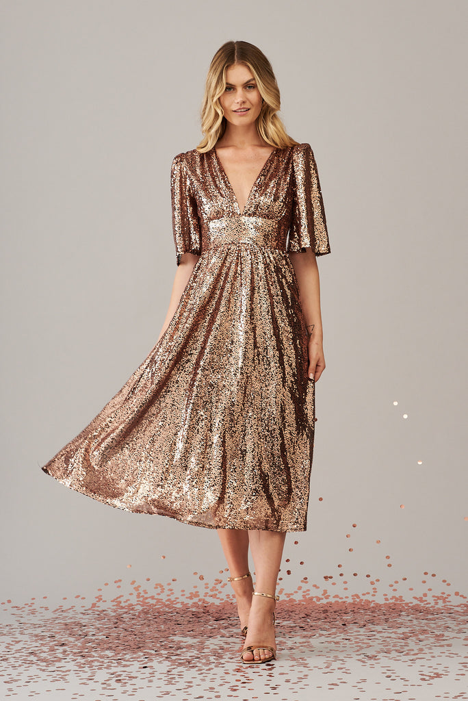 Livorno Midi Dress In Rose Gold Sequin - full length