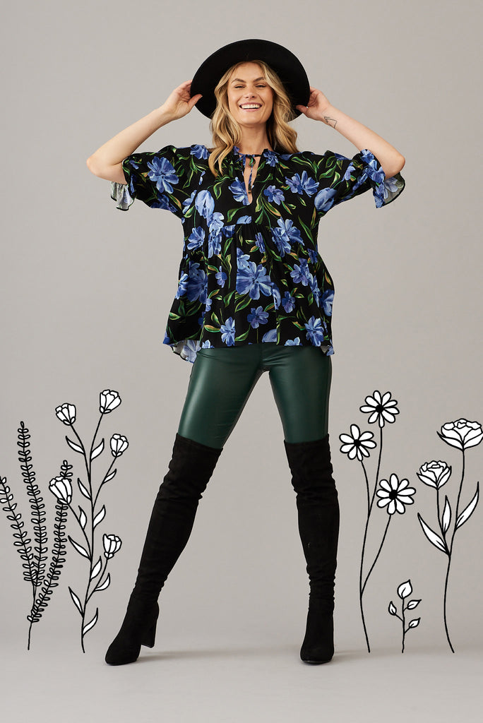 Zinnia Top In Black With Blue Floral