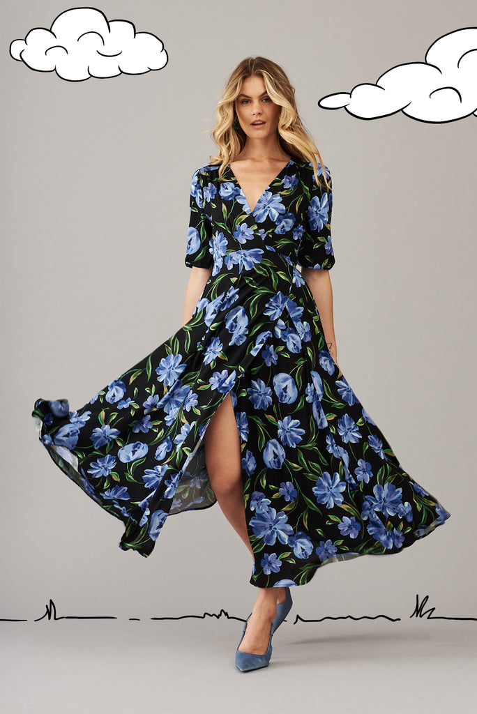 Ronda Maxi Wrap Dress In Black With Blue Floral