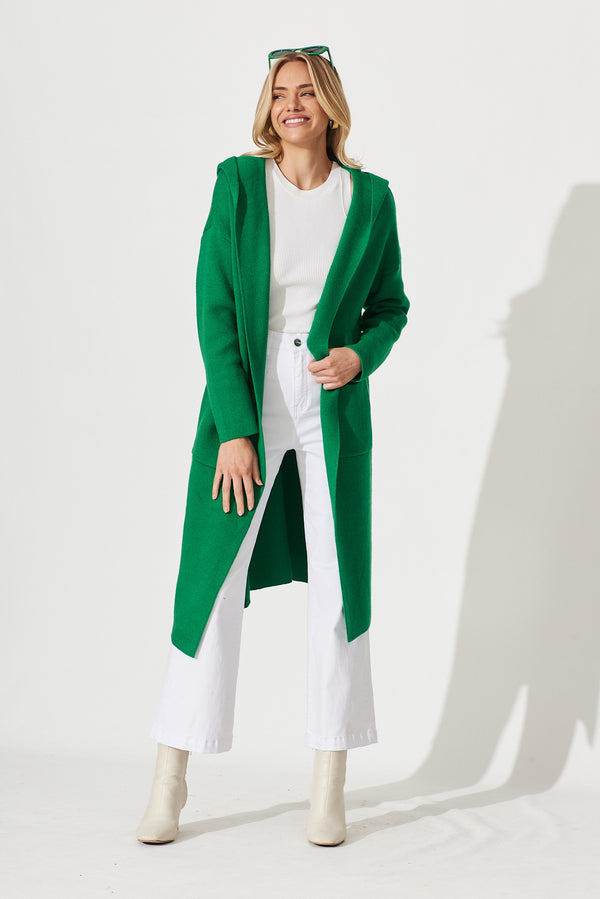 Windermere Hood Knit Cardigan In Green Wool Blend St Frock