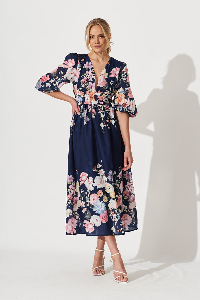 Camie Maxi Dress In Navy With Orange Floral - full length