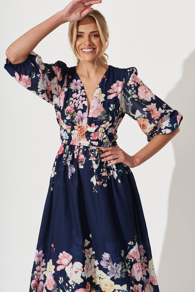 Camie Maxi Dress In Navy With Orange Floral - front