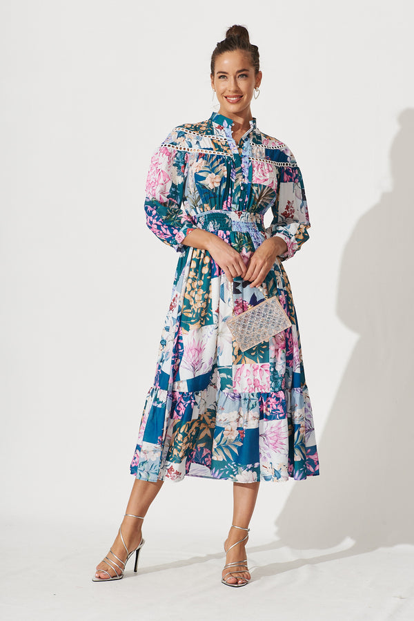 Lynette Midi Dress In Dark Green Patch Floral