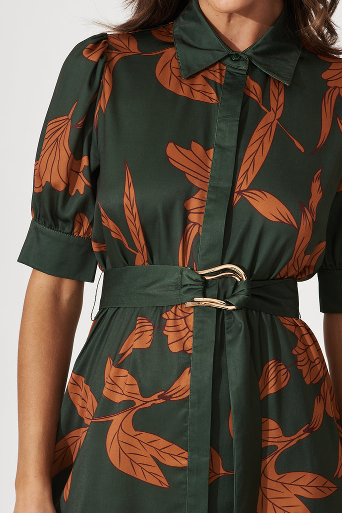 Kristel Shirt Dress In Khaki With Rust Leaf Print Satin - detail