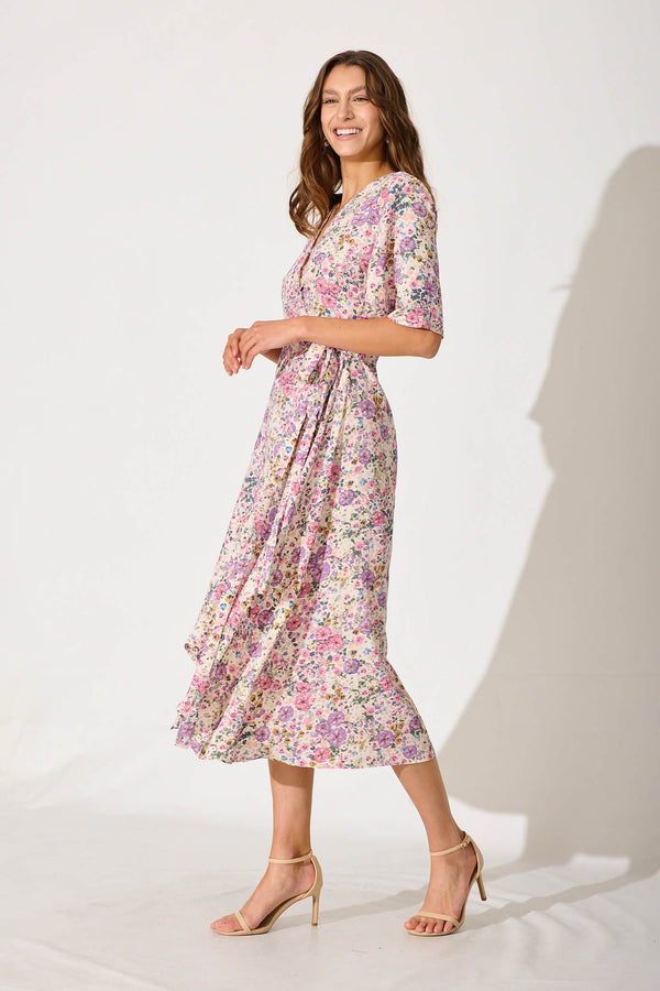Bellerose Midi Wrap Dress In Cream With Pink Floral – St Frock