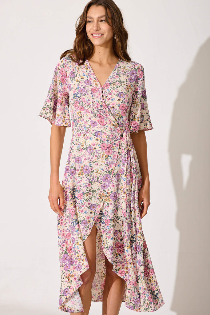 Bellerose Midi Wrap Dress In Cream With Pink Floral – St Frock