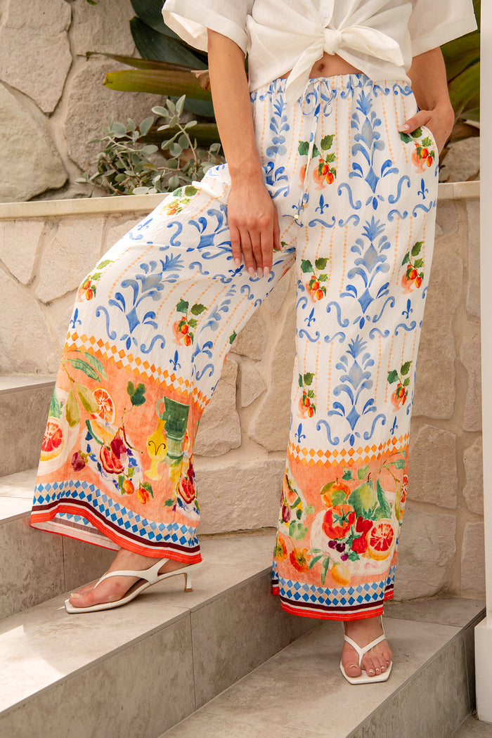 Romeo Pant in Multi Fruit Border Print campaign front