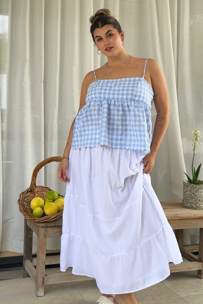 Sola Top in Blue Gingham Cotton Blend ugc eva
