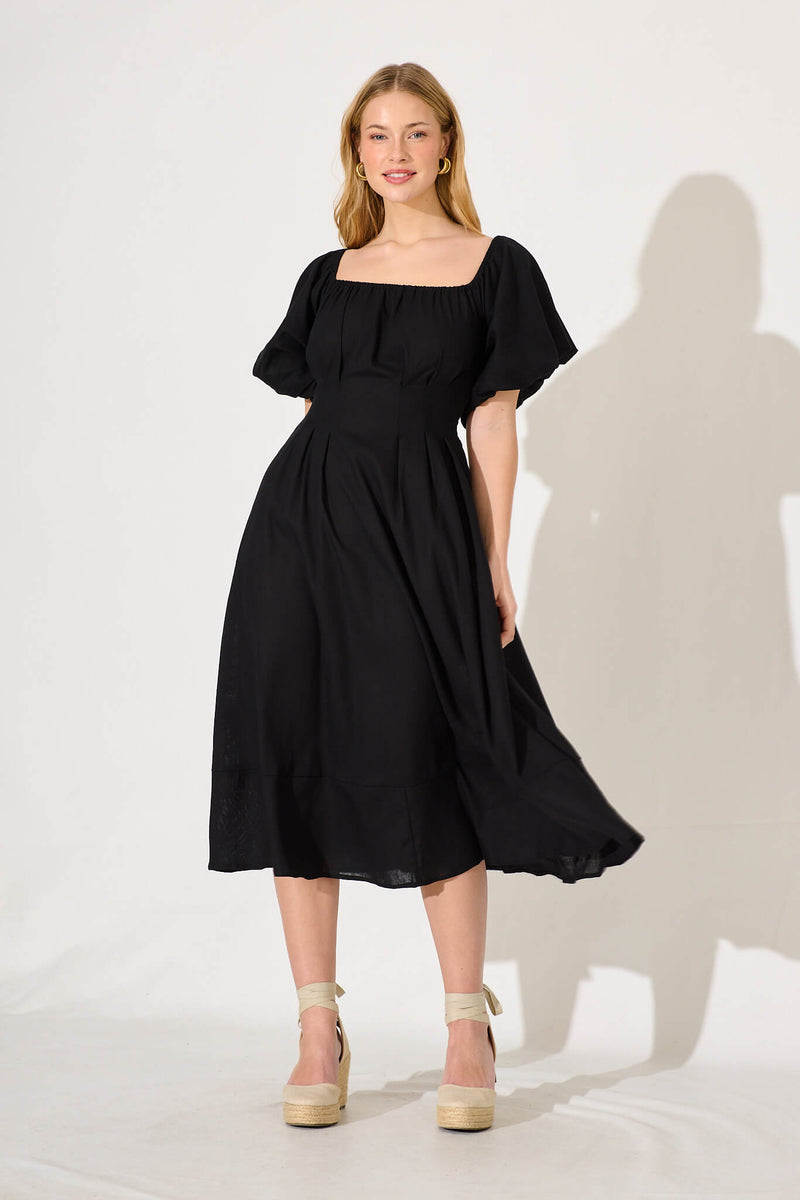 Ordella Midi Dress in Black Linen Blend with Belt
