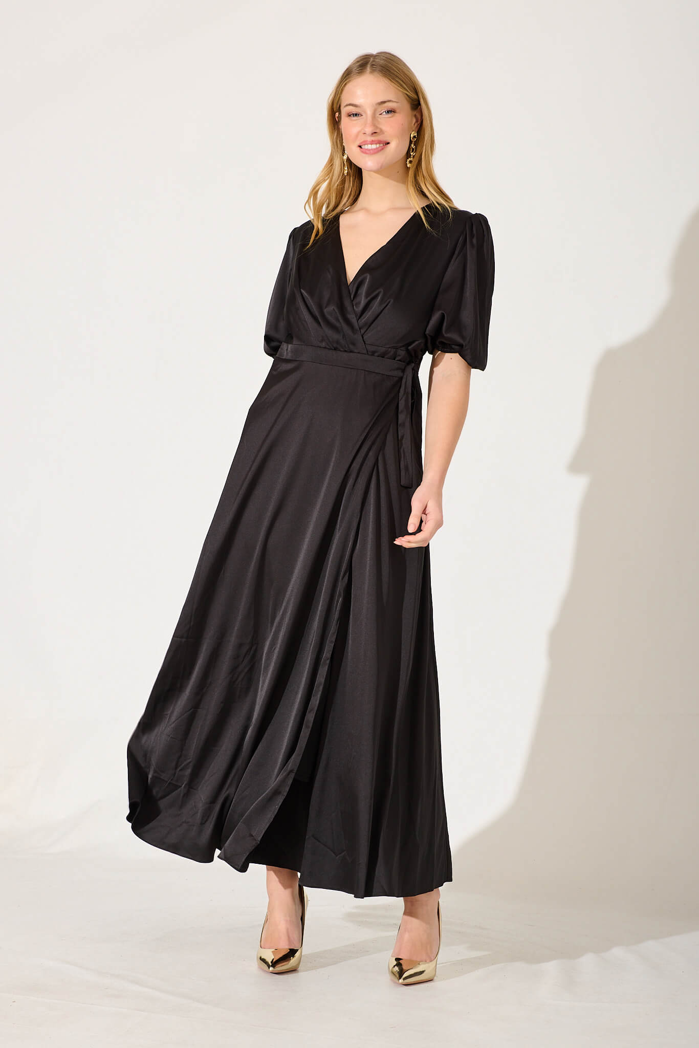 Primrose Maxi Wrap Dress In Black Satin St Frock