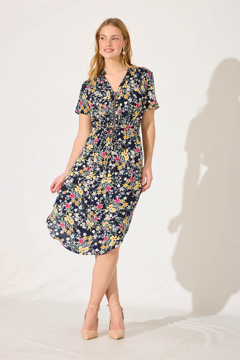 Go Getter Zip Dress In Navy With Lemon Floral – St Frock