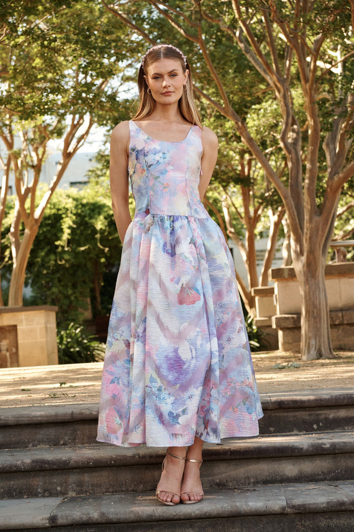 Pure Luxe Maxi Dress in Multi Purple Organza focus shoot full length