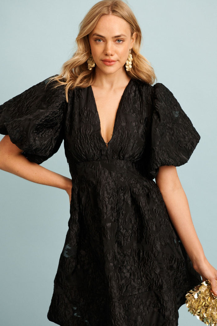 Paris Dreamer Dress in Black Floral Organza Jacquard focus shoot front