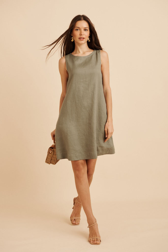 PRE ORDER Island Dreamer Dress in Khaki Linen focus shoot full length