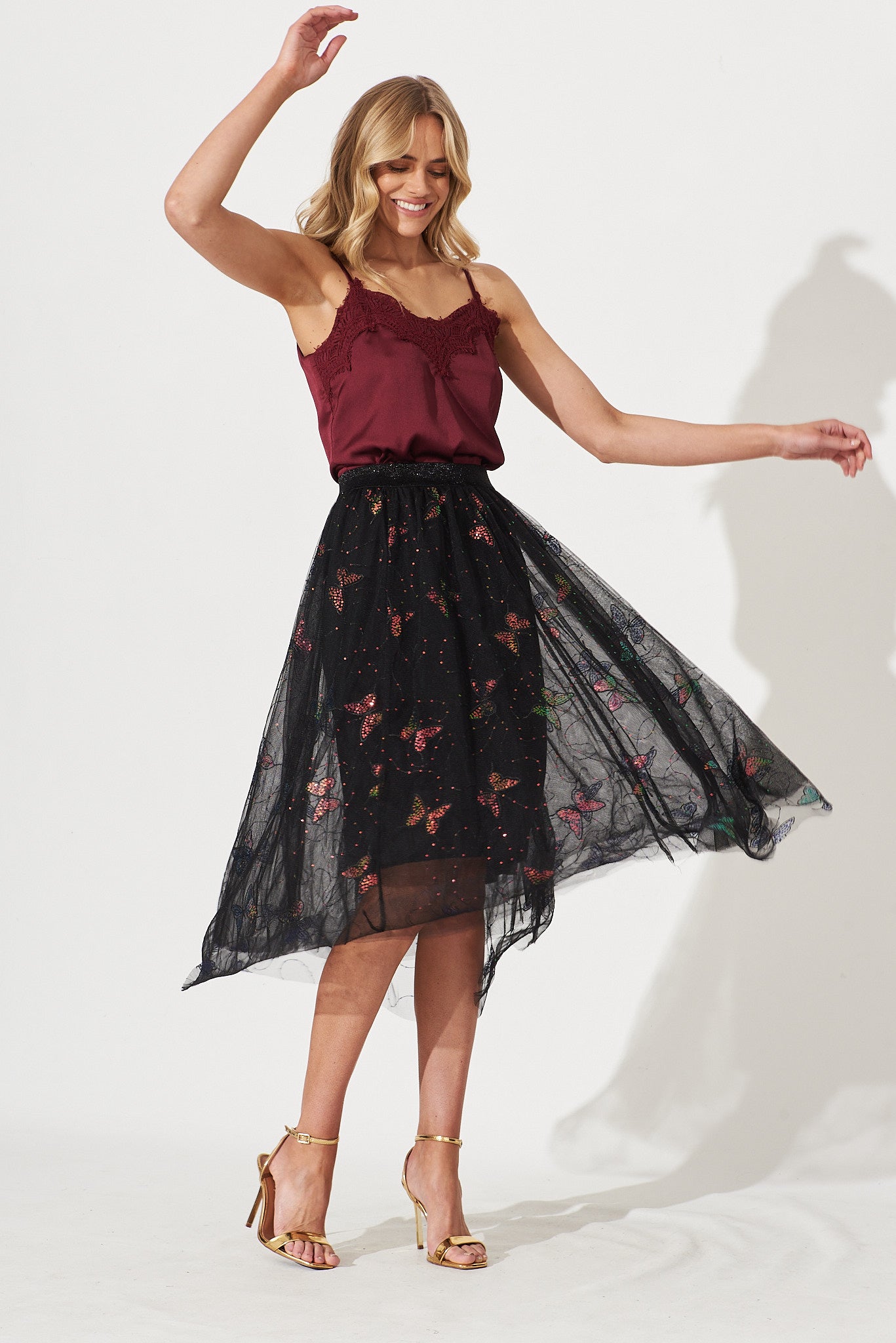 Taryn Midi Tulle Skirt In Multi Black Butterfly Sequin St Frock