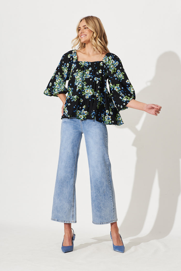 Huntley Smock Top In Black With Blue Floral - full length