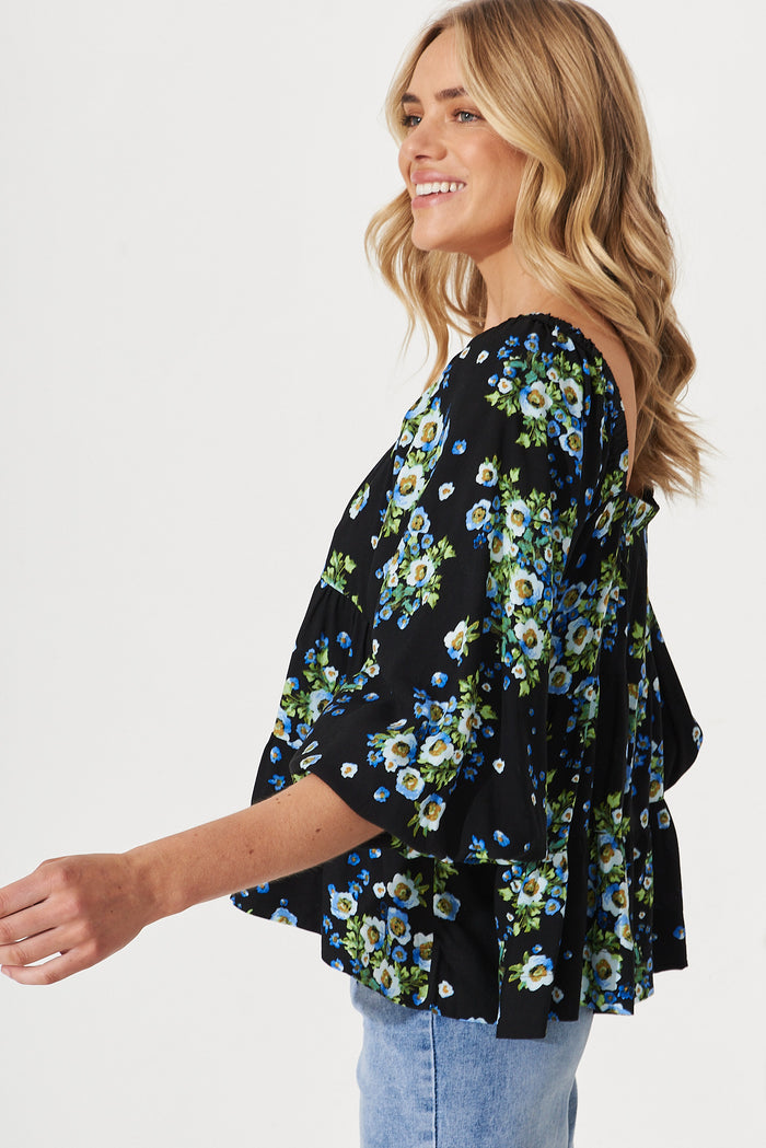 Huntley Smock Top In Black With Blue Floral - side