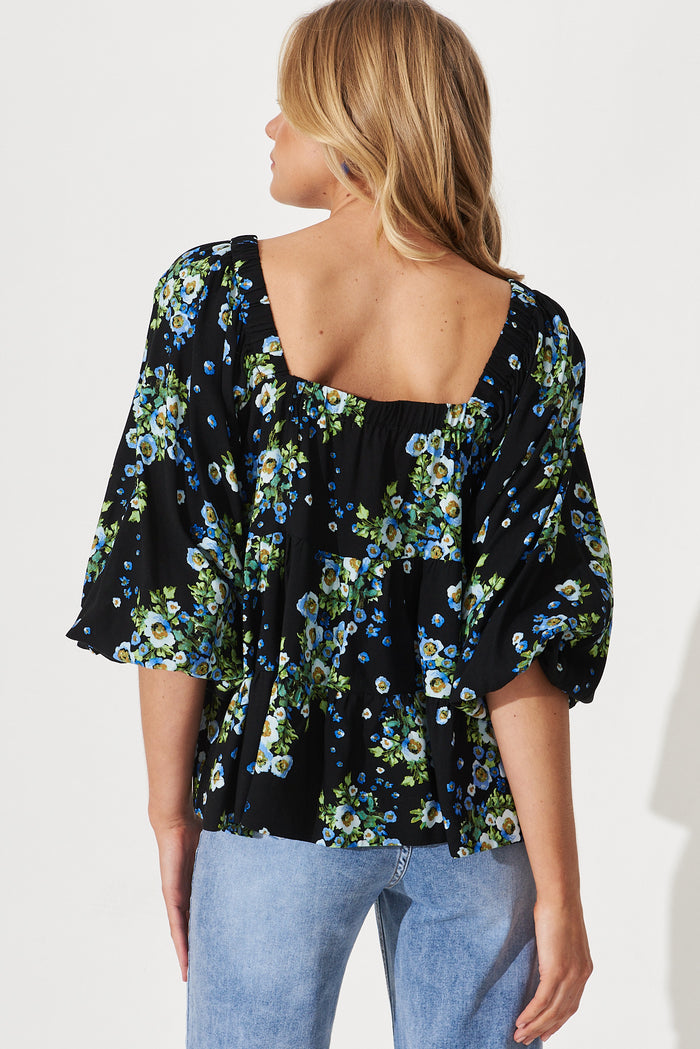 Huntley Smock Top In Black With Blue Floral - back
