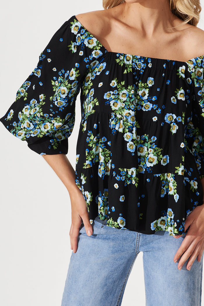 Huntley Smock Top In Black With Blue Floral - detail