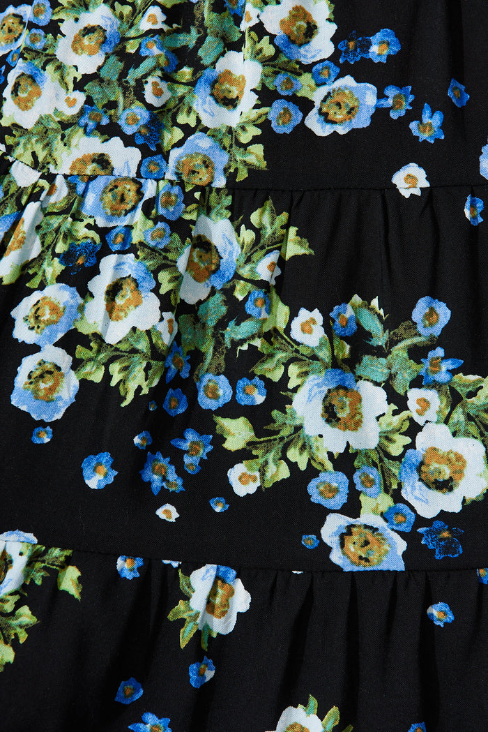 Huntley Smock Top In Black With Blue Floral - fabric