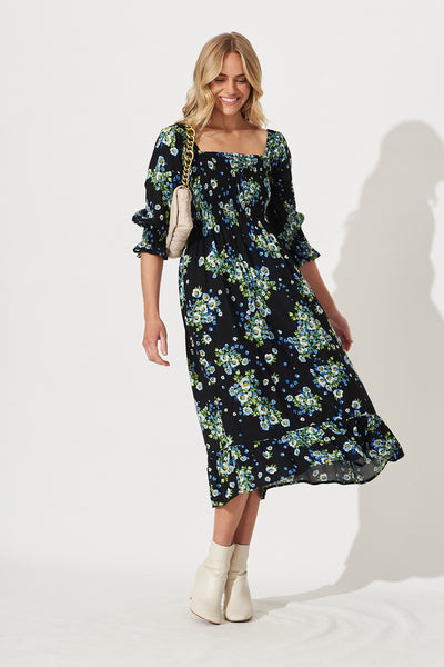 Amiee Midi Dress In Black With Blue Floral St Frock