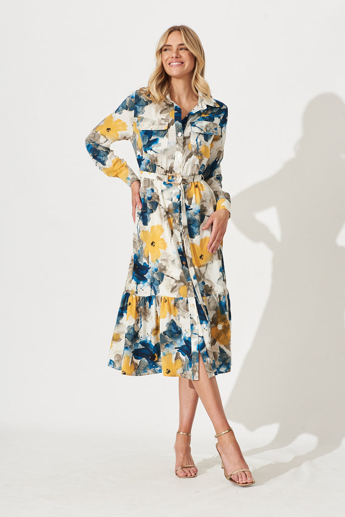 Divinity Midi Shirt Dress In Navy With Yellow Watercolour Print - full length