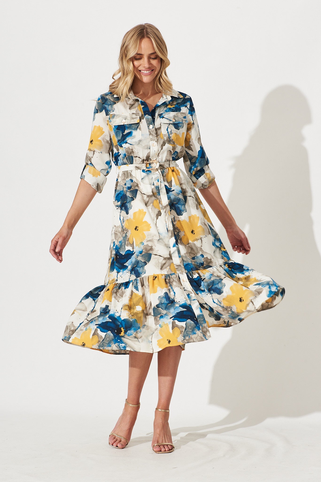 Divinity Midi Shirt Dress In Navy With Yellow Watercolour Print - full length