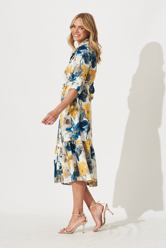 Divinity Midi Shirt Dress In Navy With Yellow Watercolour Print - side