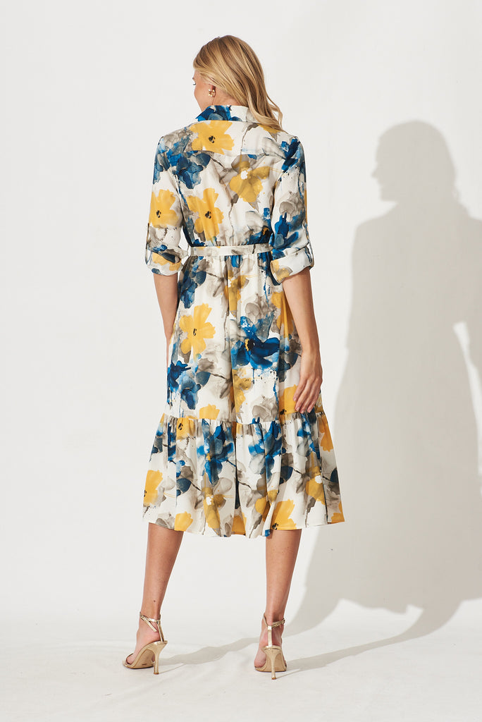 Divinity Midi Shirt Dress In Navy With Yellow Watercolour Print - back