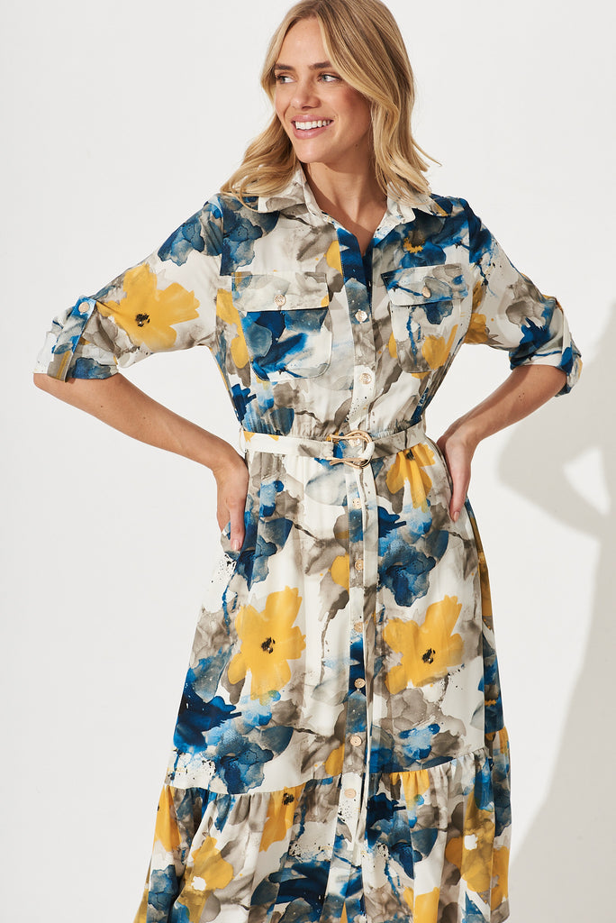 Divinity Midi Shirt Dress In Navy With Yellow Watercolour Print - front