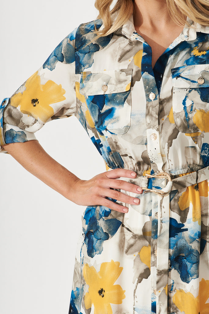 Divinity Midi Shirt Dress In Navy With Yellow Watercolour Print - detail