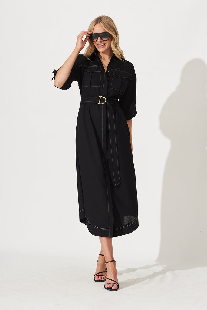 Copeland Midi Shirt Dress In Black Linen Blend - full length