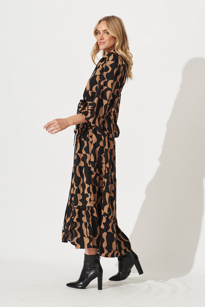 Colmar Maxi Shirt Dress In Black With Brown Print - side