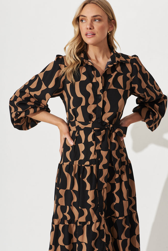 Colmar Maxi Shirt Dress In Black With Brown Print - front
