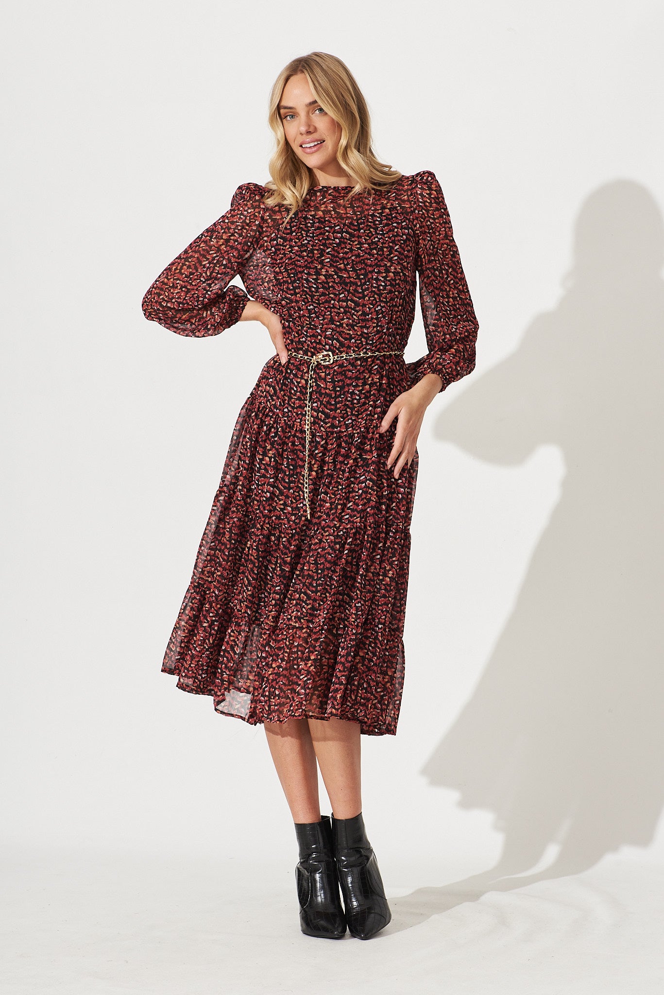Nightingale Midi Dress In Black With Red Print Chiffon St Frock
