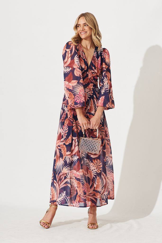 Kristy Maxi Dress In Navy With Rust Floral Print - full length