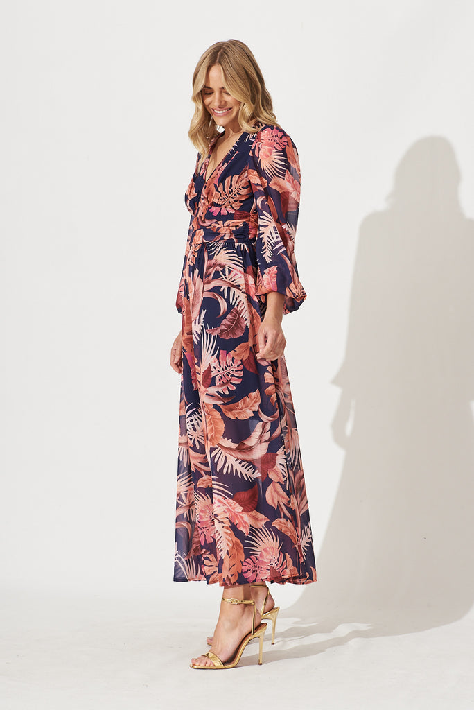 Kristy Maxi Dress In Navy With Rust Floral Print - side