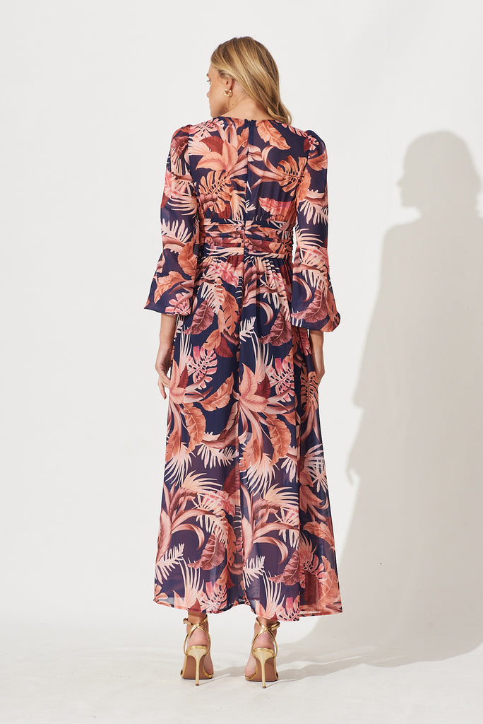 Kristy Maxi Dress In Navy With Rust Floral Print - back