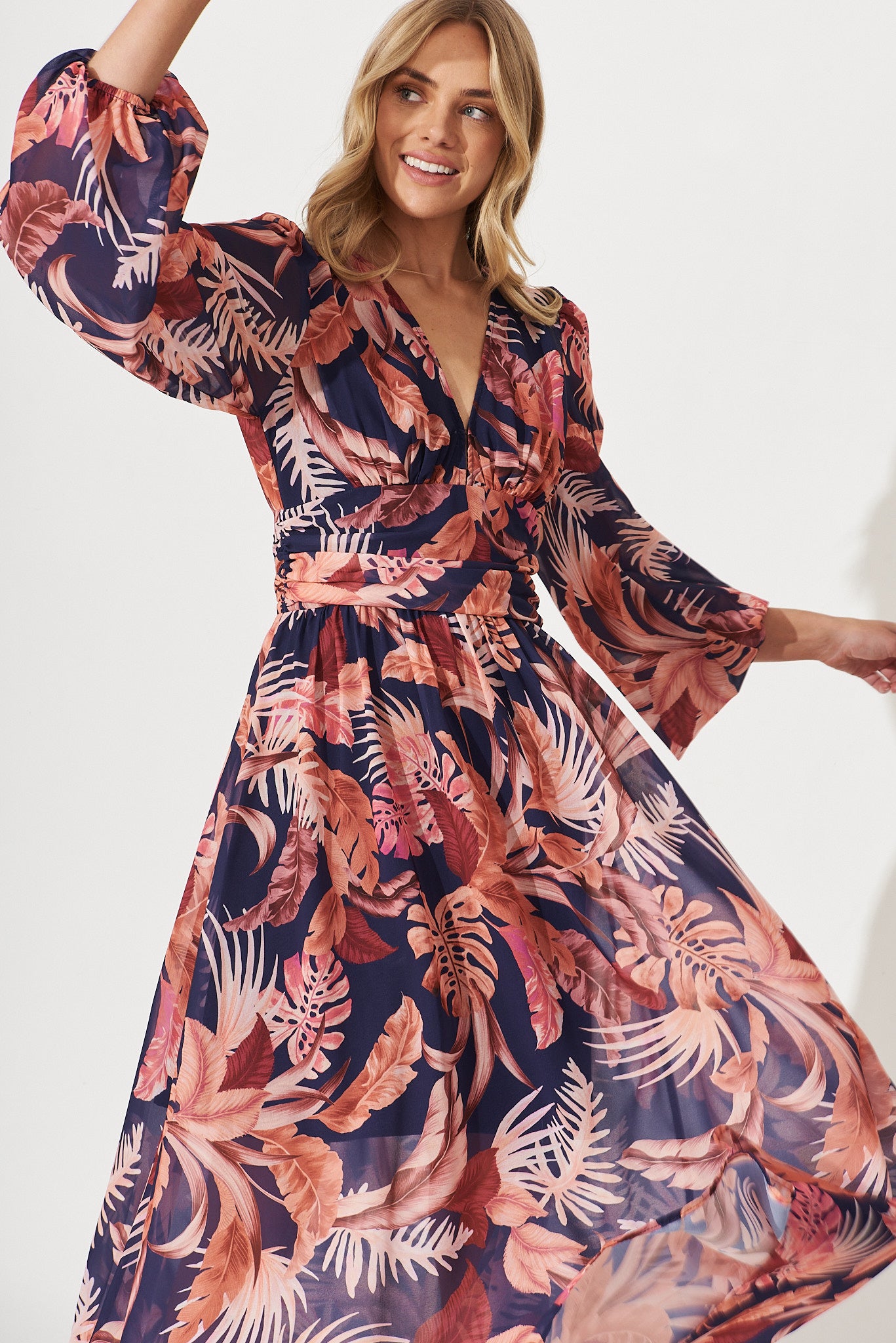 Kristy Maxi Dress In Navy With Rust Floral Print - front