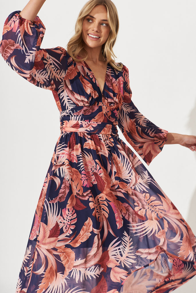 Kristy Maxi Dress In Navy With Rust Floral Print - front
