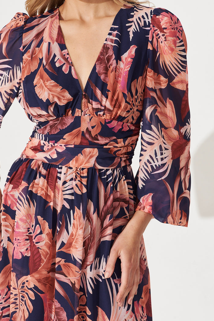 Kristy Maxi Dress In Navy With Rust Floral Print - detail
