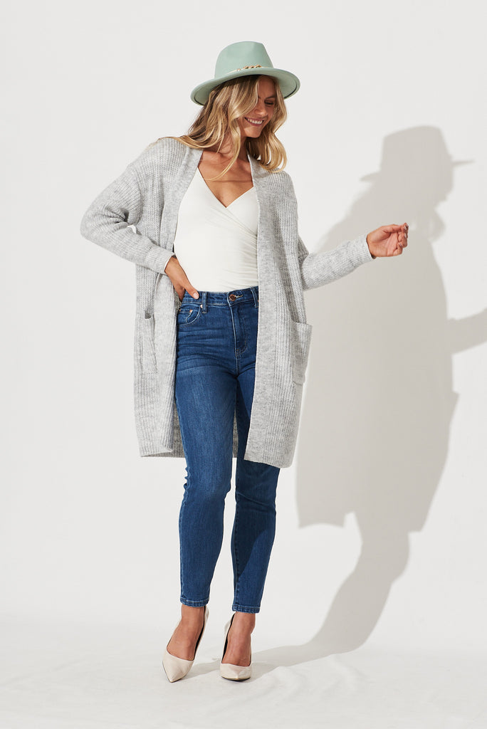 Zayla Knit Cardigan In Grey Wool Blend - full length