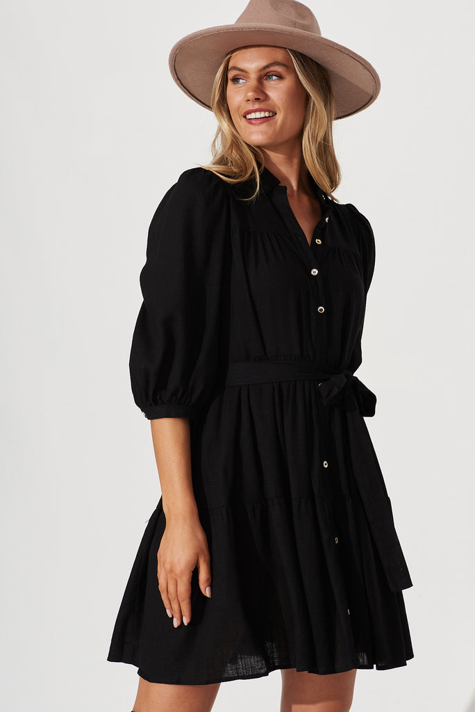 Pearsona Shirt Dress In Black Linen Blend - front