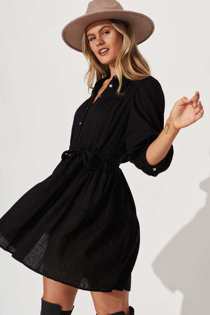 Pearsona Shirt Dress In Black Linen Blend - detail