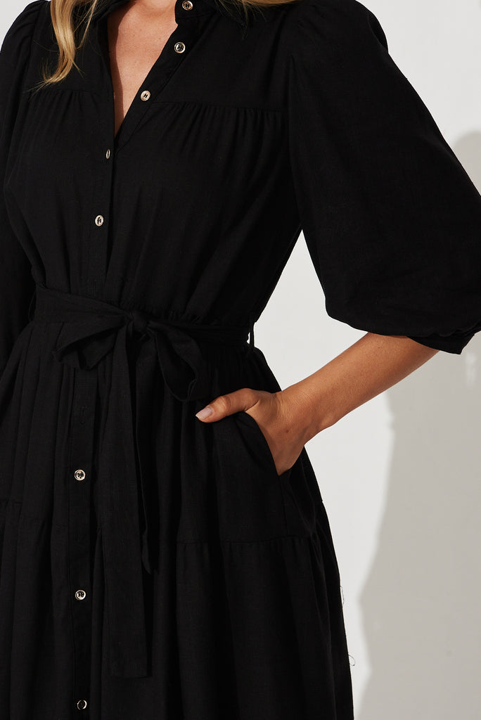 Pearsona Shirt Dress In Black Linen Blend - detail