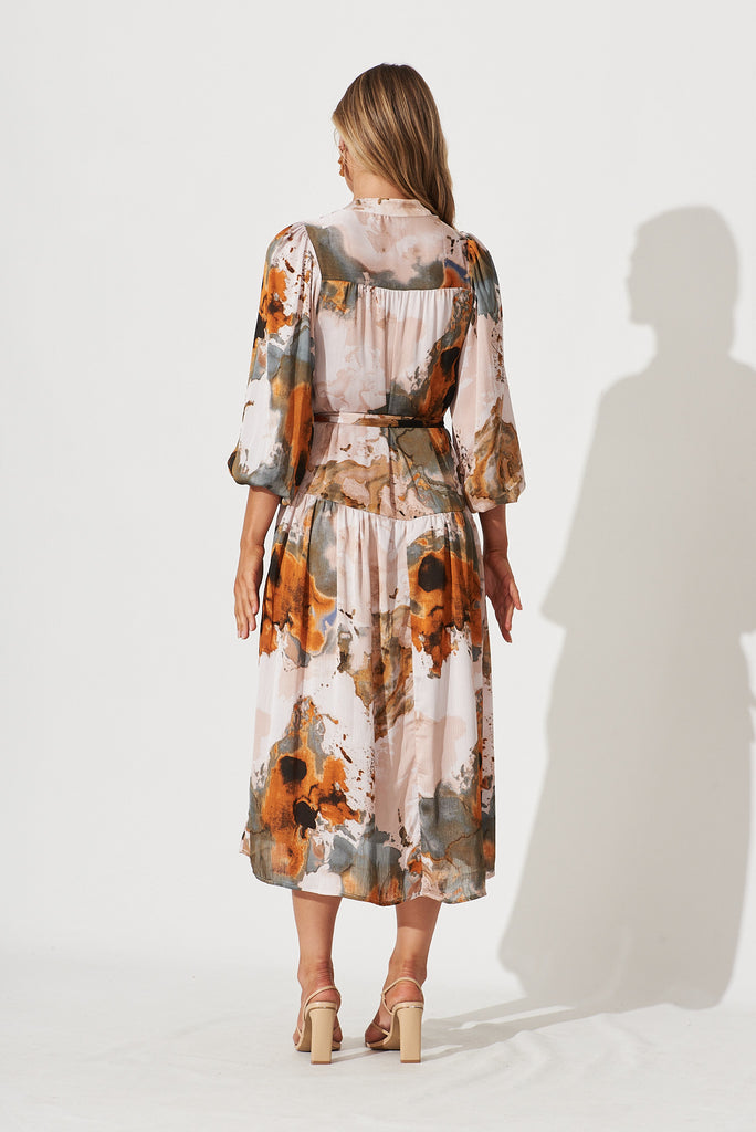 Pippa Maxi Dress In Grey With Rust Print Chiffon - back